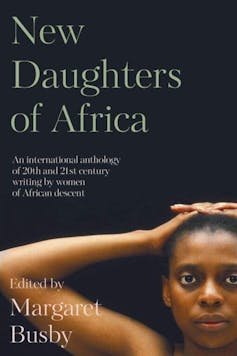 A book cover with a photo of a young African woman with her hands clasped on her head, looking straight ahead, against a black background.