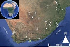 Map of southern Africa with points marked.